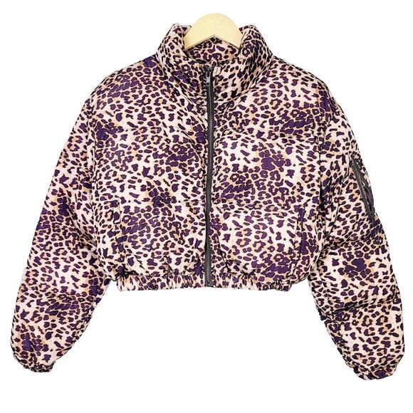 Lovers + Friends Cropped Puffer Jacket XS Brown Animal Leopard Print Full-Zip - Picture 1 of 10